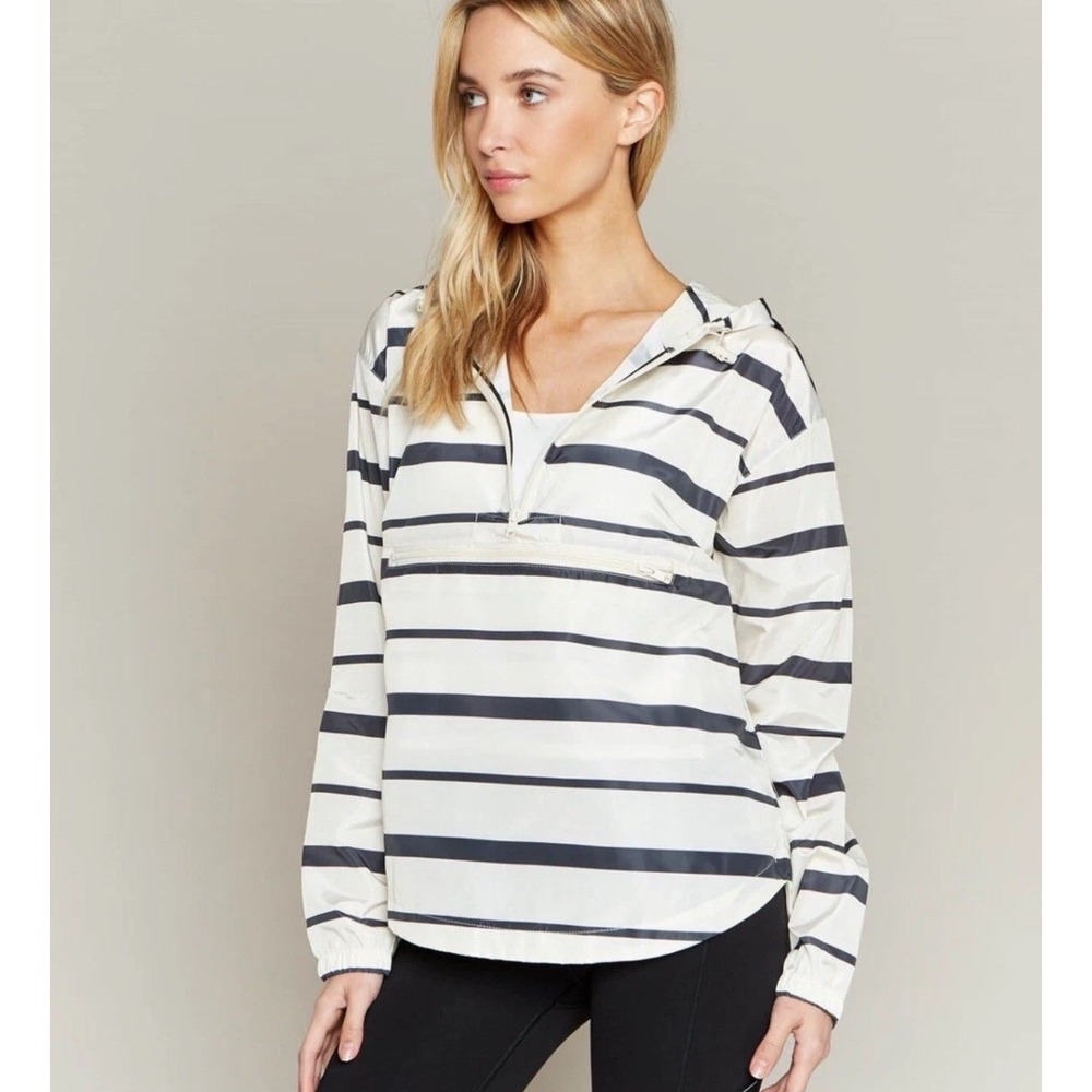Thread & Supply Hooded Pullover Windbreaker Black Ivory Stripe Sz L NWT MSRP $66 - Picture 1 of 11